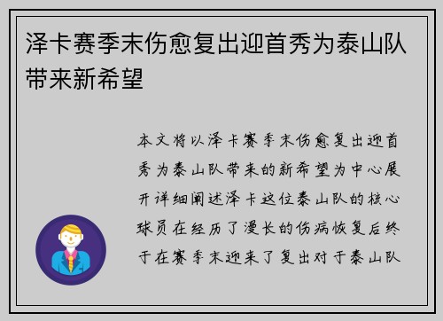 泽卡赛季末伤愈复出迎首秀为泰山队带来新希望 泽卡赛季末伤愈复出迎首秀为泰山队带来新希望